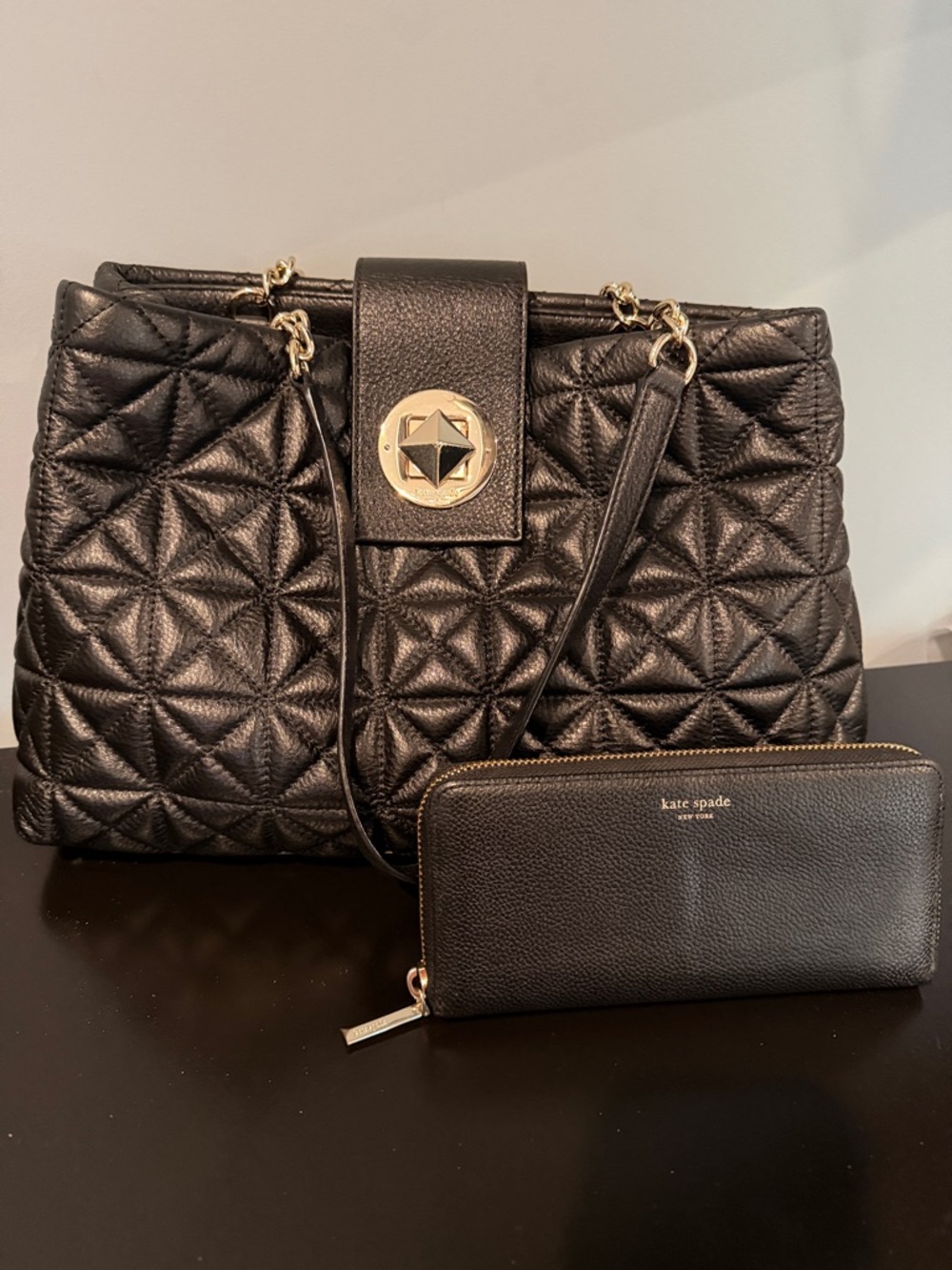 Kate Spade BUNDLE!! Black Quilted Leather Shoulder Bag with Zip Wallet